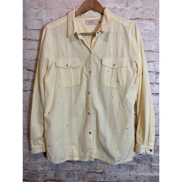 Quacker Factory Top Womens Large Yellow Striped Jewel Snap Up Beaded Button Up - Picture 1 of 13